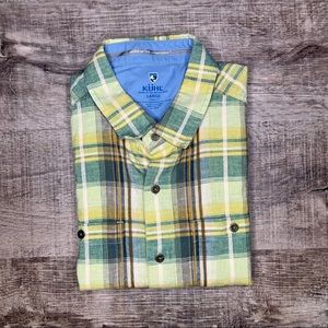 Kuhl Mens Size Large Button Down Shirt Plaid Blue Yellow Green Tapered Fit